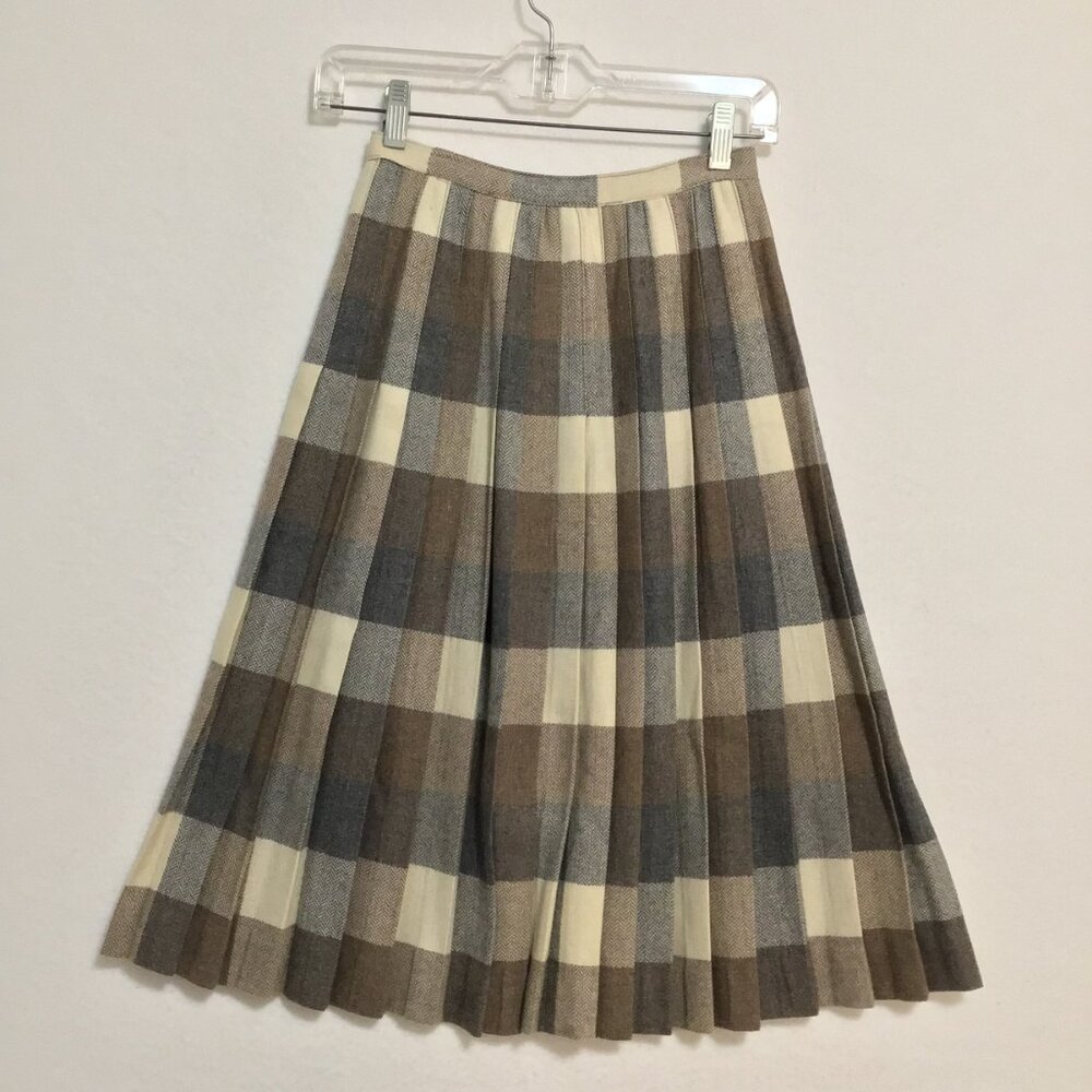 Vintage Paris Star Tan and Grey Neutral Plaid Pleated Midi Skirt Size XS